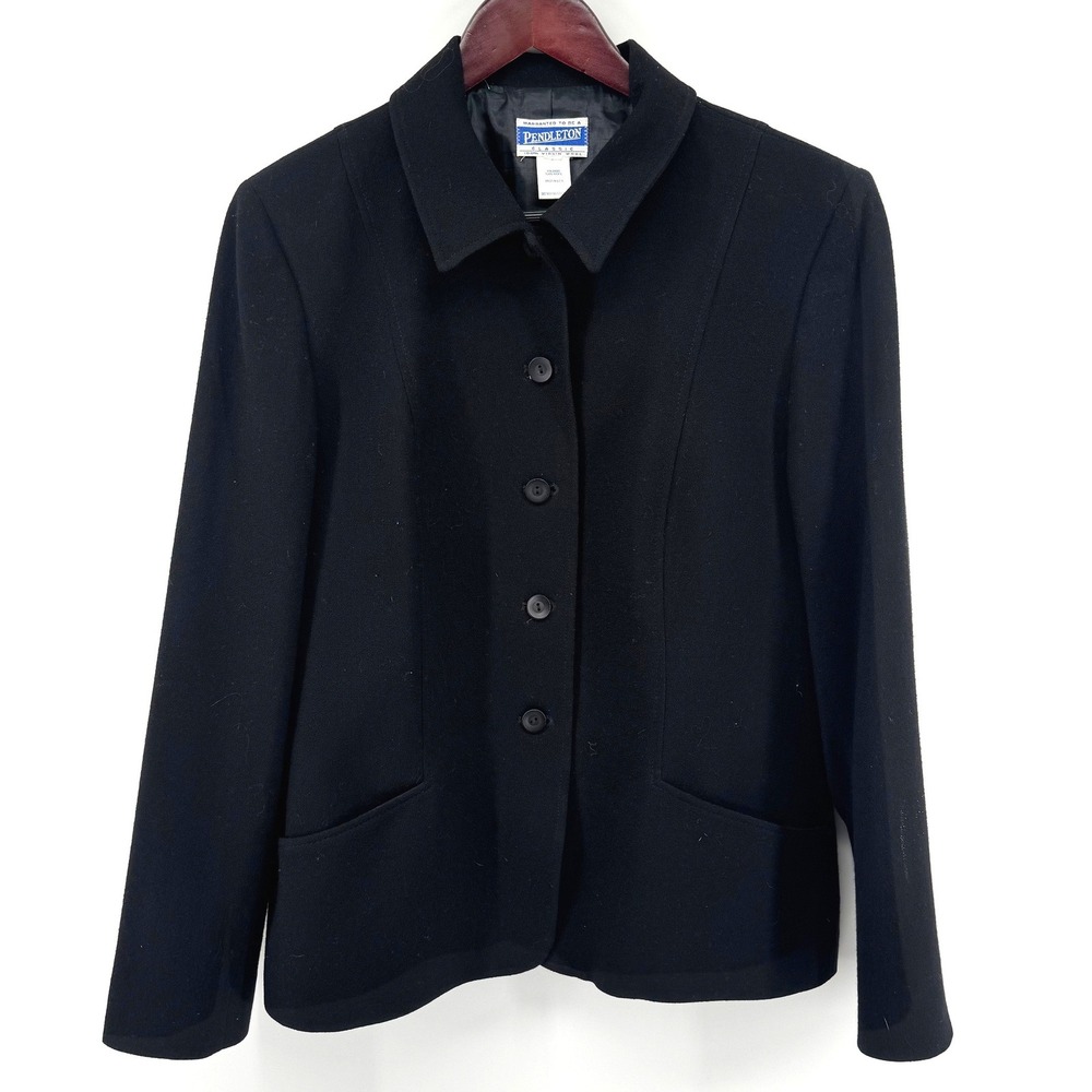 Pendleton Wool Blazer Women 10 Black Button Front Collared Classic Made in USA